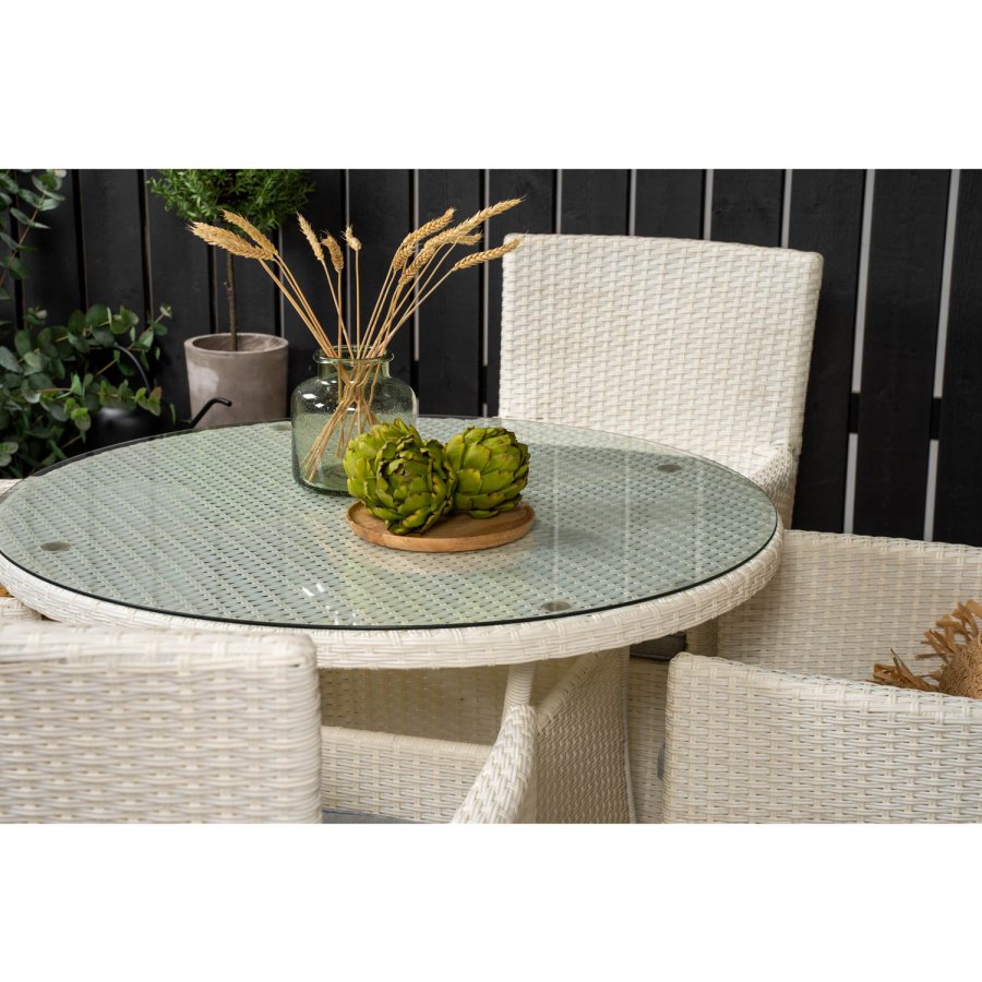 VENTURE DESIGN havest m. Volta bord ( 90) og 4 Malin stole m. armln og hynde - hvid rattan/glas