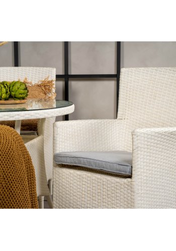 VENTURE DESIGN havest m. Volta bord ( 90) og 4 Malin stole m. armln og hynde - hvid rattan/glas