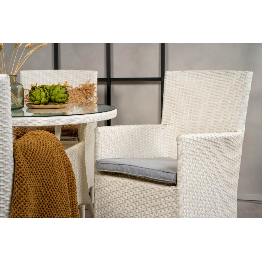 VENTURE DESIGN havest m. Volta bord ( 90) og 4 Malin stole m. armln og hynde - hvid rattan/glas