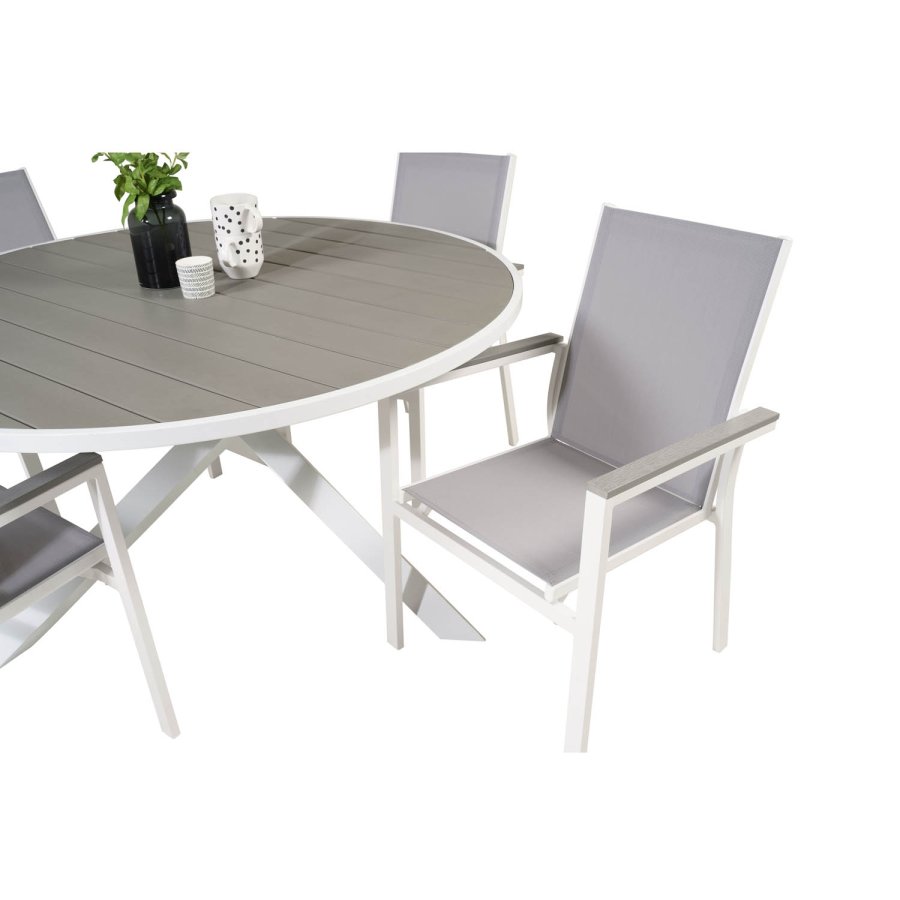 VENTURE DESIGN Parma havest, m. bord (140) og 4 stole m. armln - hvid alu/gr textilene/aintwood