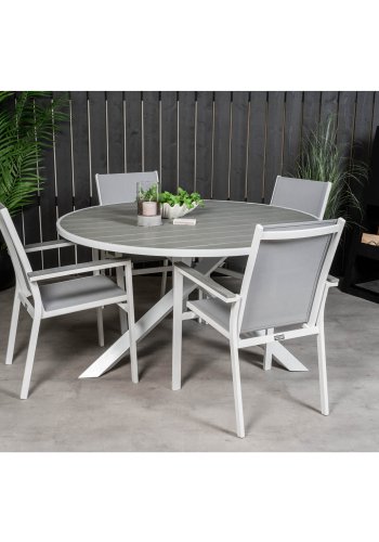 VENTURE DESIGN Parma havest, m. bord (140) og 4 stole m. armln - hvid alu/gr textilene/aintwood