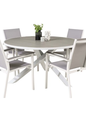 VENTURE DESIGN Parma havest, m. bord (140) og 4 stole m. armln - hvid alu/gr textilene/aintwood