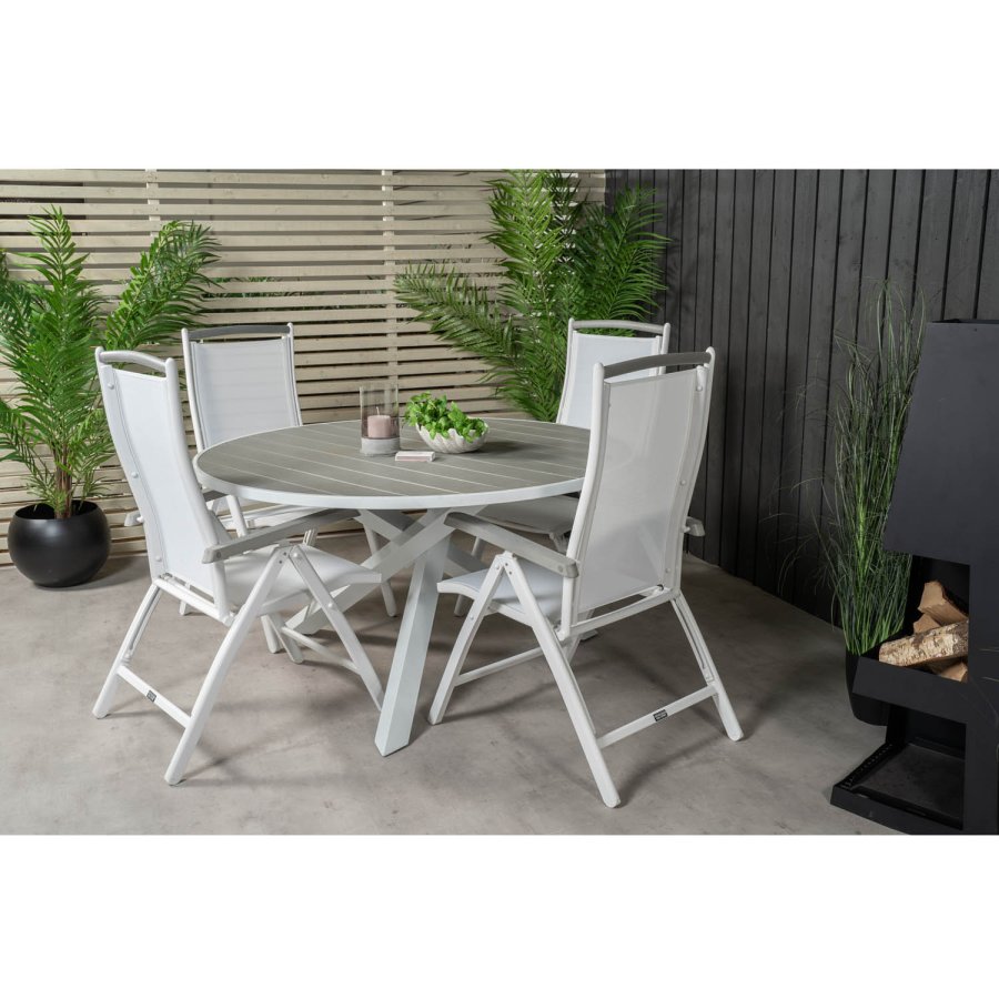 VENTURE DESIGN havest m. Parma bord (140) og 4 Albany stole m. armln - hvid alu og gr aintwood