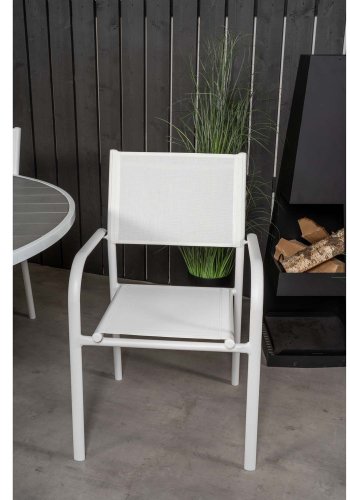 VENTURE DESIGN Gartenset mit Parma Tisch ( 140) und 4 Santorini Stühlen mit Armlehnen - Weißaluminium/Textilene