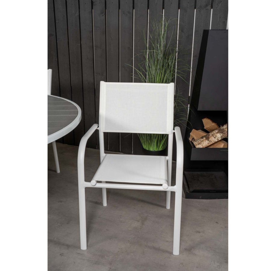 VENTURE DESIGN Gartenset mit Parma Tisch ( 140) und 4 Santorini Stühlen mit Armlehnen - Weißaluminium/Textilene