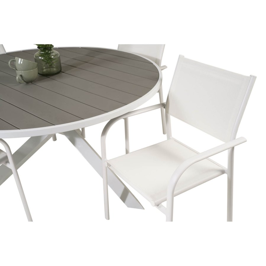 VENTURE DESIGN Gartenset mit Parma Tisch ( 140) und 4 Santorini Stühlen mit Armlehnen - Weißaluminium/Textilene