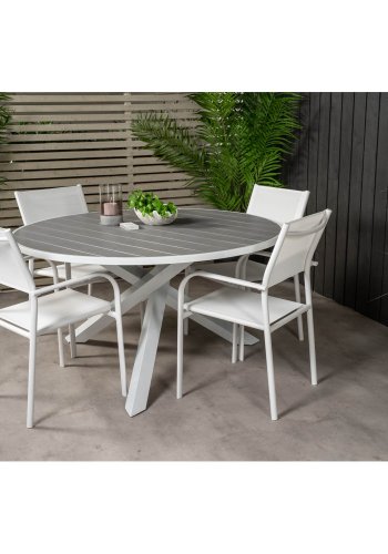 VENTURE DESIGN Gartenset mit Parma Tisch ( 140) und 4 Santorini Stühlen mit Armlehnen - Weißaluminium/Textilene