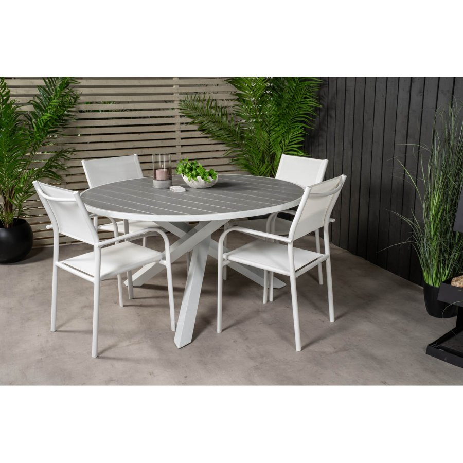 VENTURE DESIGN Gartenset mit Parma Tisch ( 140) und 4 Santorini Stühlen mit Armlehnen - Weißaluminium/Textilene