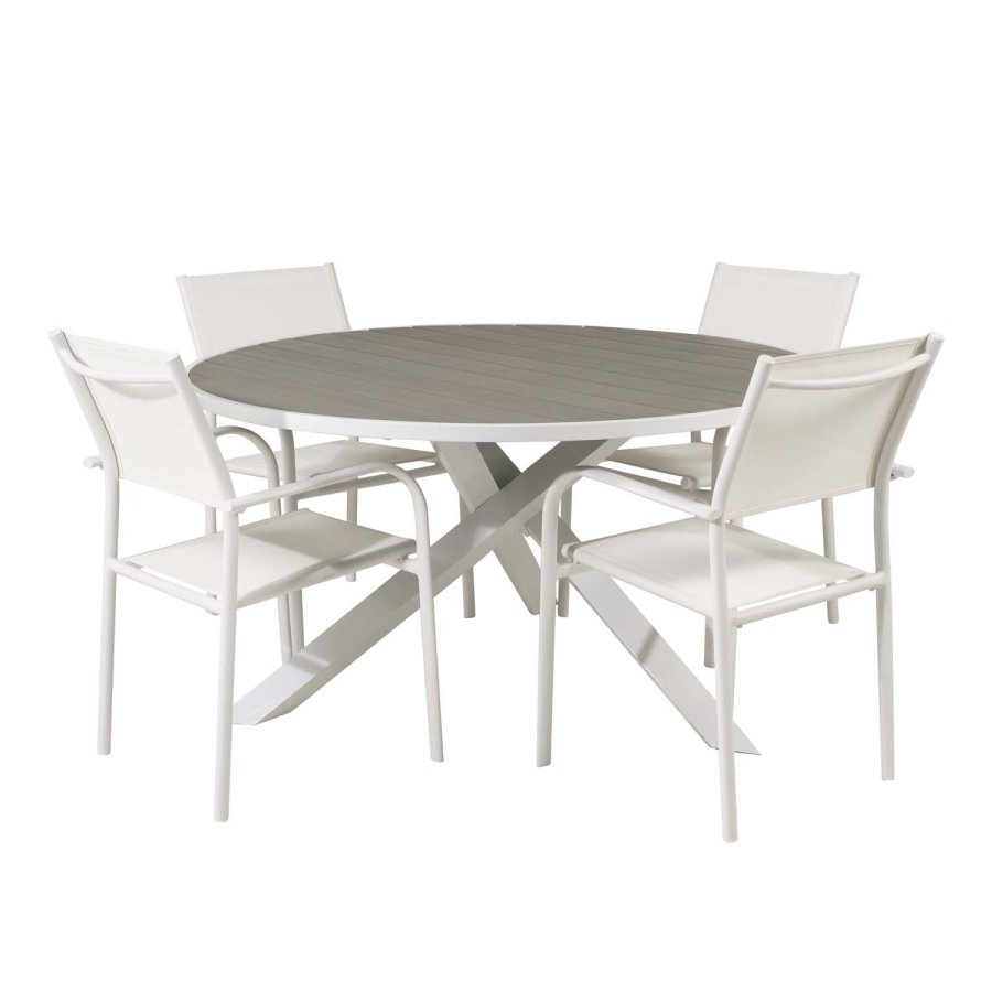 VENTURE DESIGN Gartenset mit Parma Tisch ( 140) und 4 Santorini Stühlen mit Armlehnen - Weißaluminium/Textilene