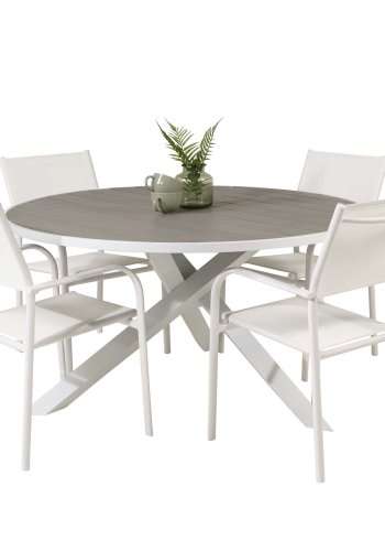 VENTURE DESIGN Gartenset mit Parma Tisch ( 140) und 4 Santorini Stühlen mit Armlehnen - Weißaluminium/Textilene