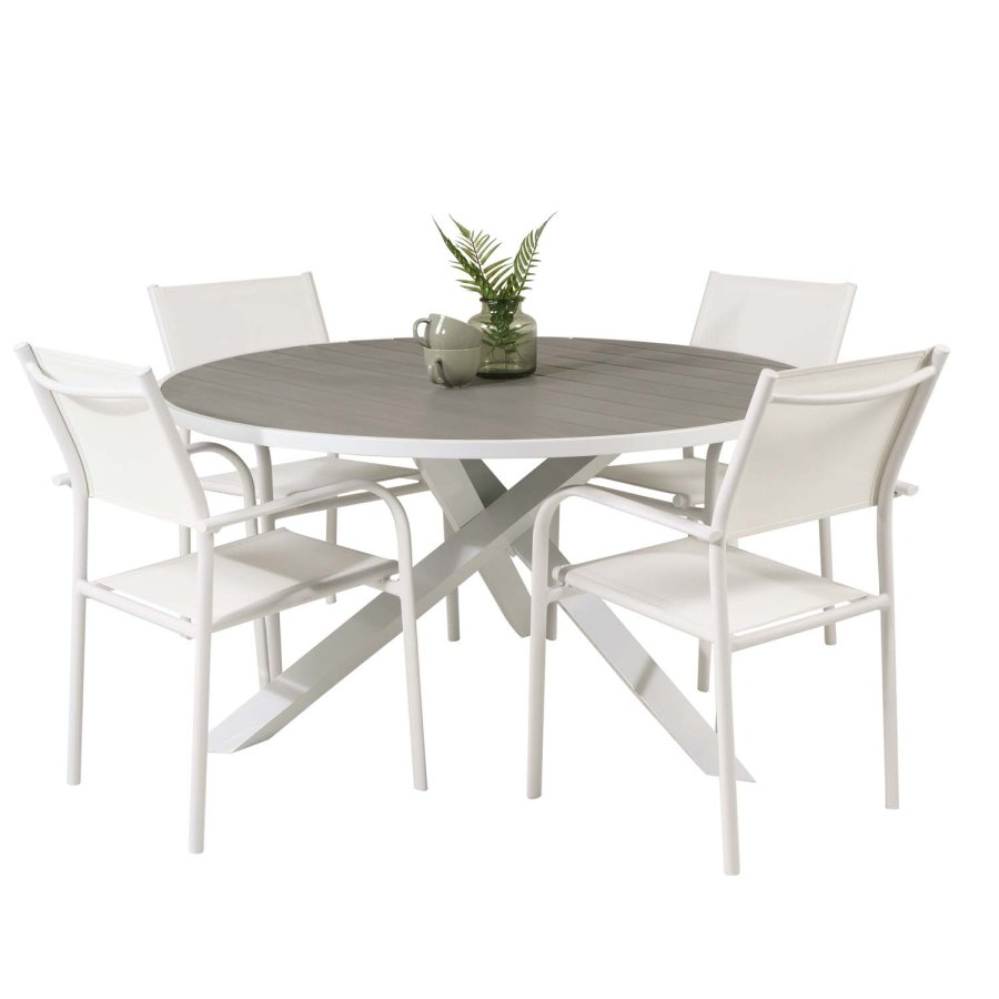 VENTURE DESIGN Gartenset mit Parma Tisch ( 140) und 4 Santorini Stühlen mit Armlehnen - Weißaluminium/Textilene