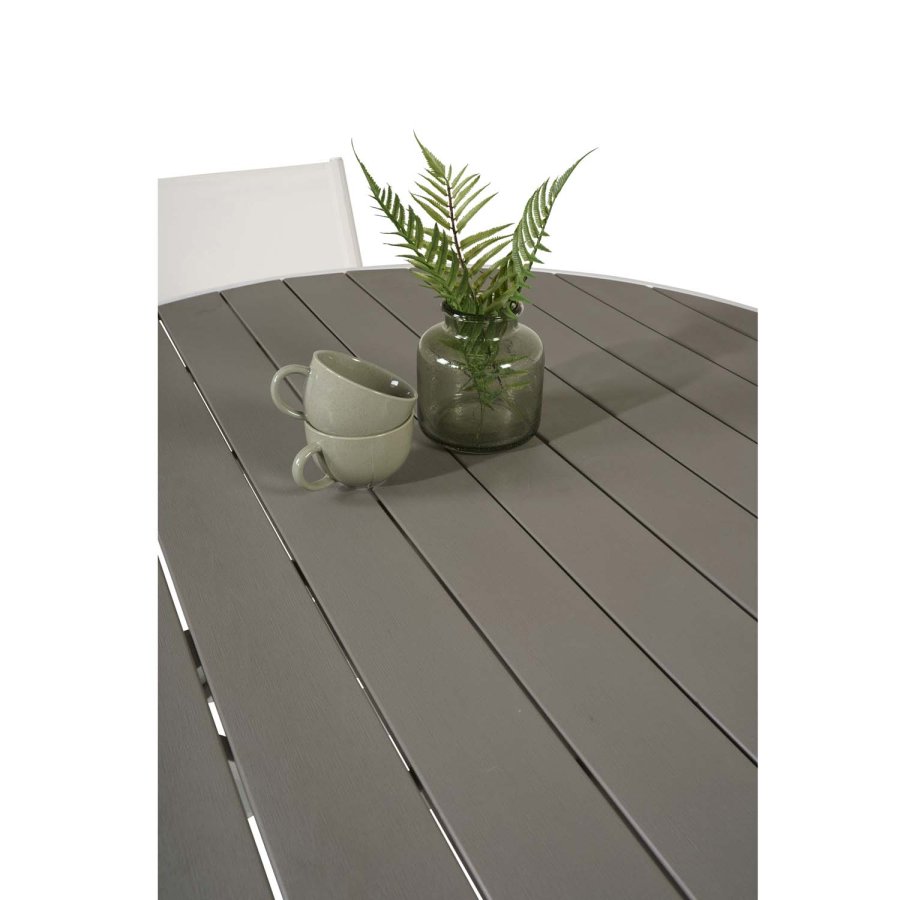 VENTURE DESIGN Gartenset mit Parma Tisch ( 140) und 4 Santorini Stühlen mit Armlehnen - Weißaluminium/Textilene