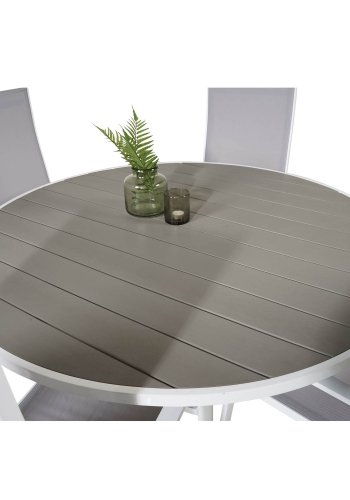 VENTURE DESIGN havest m. Parma bord (140) og 4 Copacabana stole m. recliner - hvid alu/gr textile