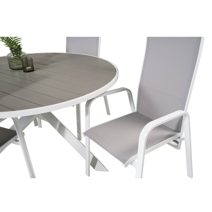 VENTURE DESIGN havest m. Parma bord (140) og 4 Copacabana stole m. recliner - hvid alu/gr textile
