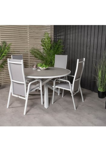 VENTURE DESIGN havest m. Parma bord (140) og 4 Copacabana stole m. recliner - hvid alu/gr textile