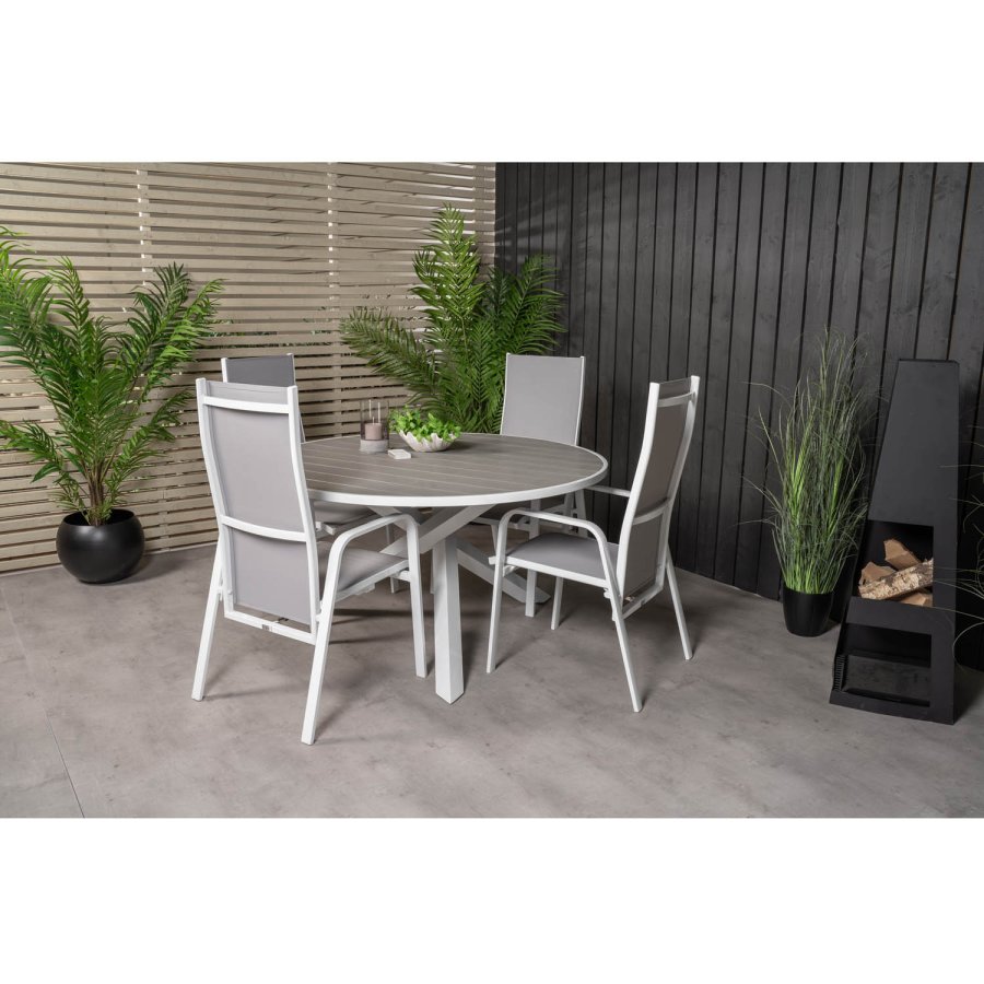 VENTURE DESIGN havest m. Parma bord (140) og 4 Copacabana stole m. recliner - hvid alu/gr textile