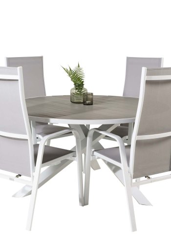 VENTURE DESIGN havest m. Parma bord (140) og 4 Copacabana stole m. recliner - hvid alu/gr textile