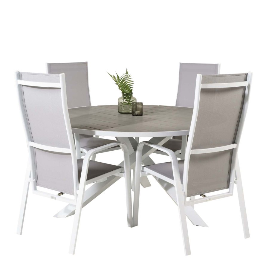 VENTURE DESIGN havest m. Parma bord (140) og 4 Copacabana stole m. recliner - hvid alu/gr textile