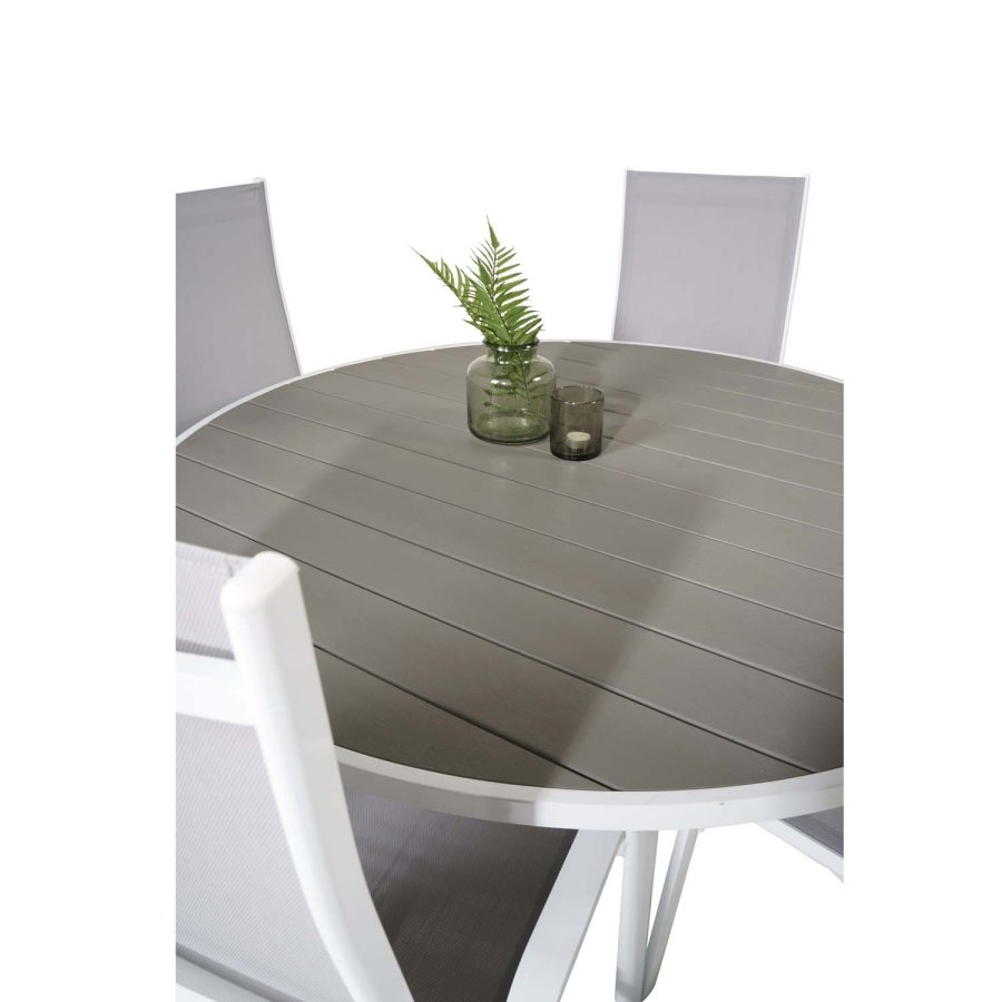 VENTURE DESIGN havest m. Parma bord (140) og 4 Copacabana stole m. recliner - hvid alu/gr textile