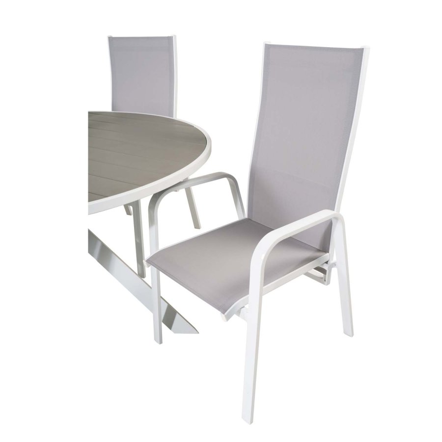 VENTURE DESIGN havest m. Parma bord (140) og 4 Copacabana stole m. recliner - hvid alu/gr textile