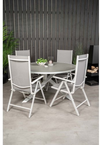 VENTURE DESIGN Gartenset mit Parma-Tisch (140) und 4 Break-Stühlen mit Liegefunktion – weißes Aluminium/graues Textilene