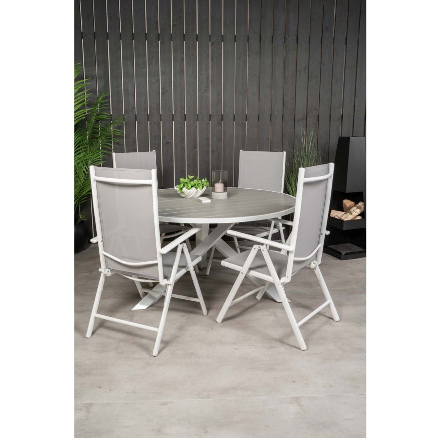 VENTURE DESIGN Gartenset mit Parma-Tisch (140) und 4 Break-Stühlen mit Liegefunktion – weißes Aluminium/graues Textilene