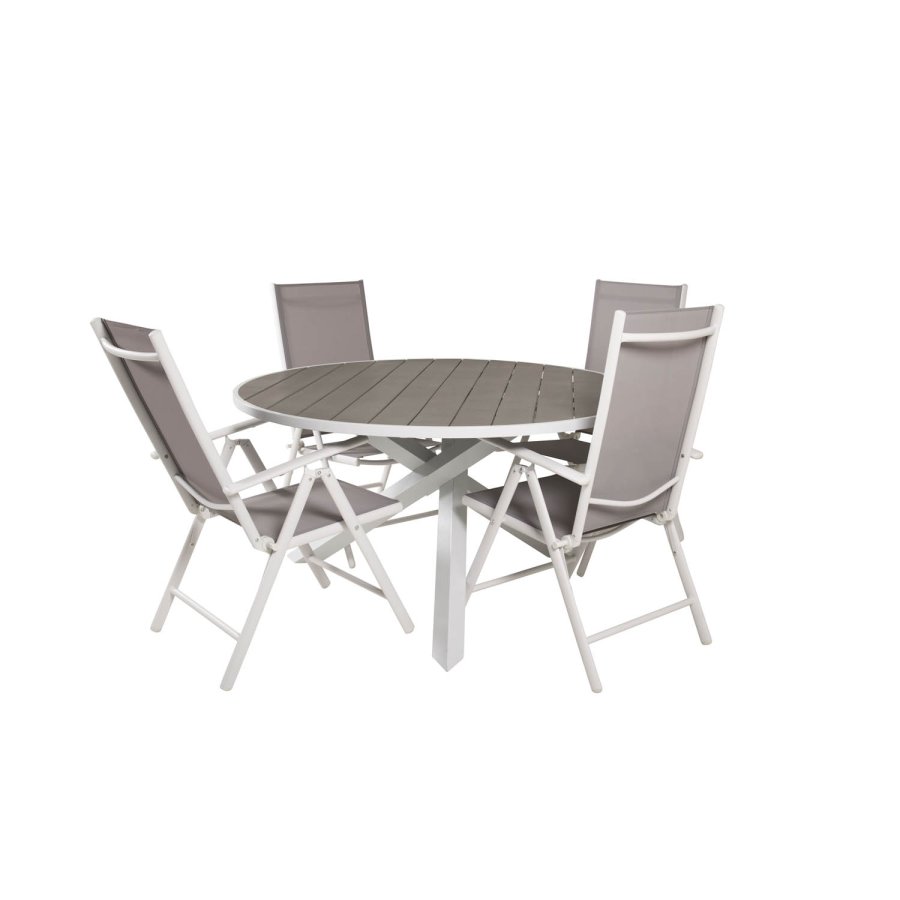 VENTURE DESIGN Gartenset mit Parma-Tisch (140) und 4 Break-Stühlen mit Liegefunktion – weißes Aluminium/graues Textilene