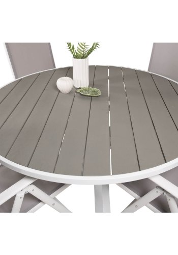 VENTURE DESIGN Gartenset mit Parma-Tisch (140) und 4 Break-Stühlen mit Liegefunktion – weißes Aluminium/graues Textilene