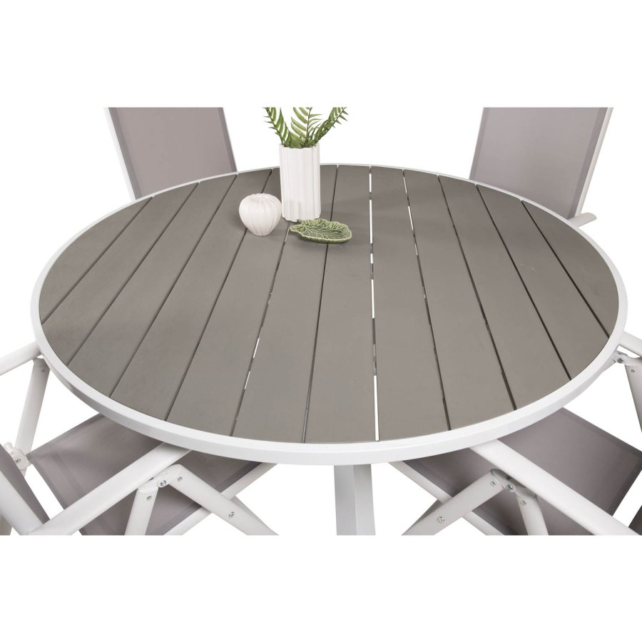 VENTURE DESIGN Gartenset mit Parma-Tisch (140) und 4 Break-Stühlen mit Liegefunktion – weißes Aluminium/graues Textilene