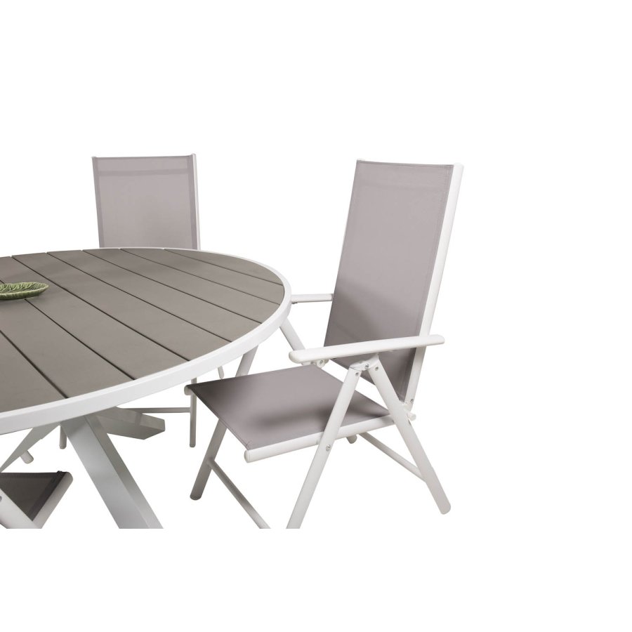 VENTURE DESIGN Gartenset mit Parma-Tisch (140) und 4 Break-Stühlen mit Liegefunktion – weißes Aluminium/graues Textilene