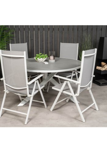 VENTURE DESIGN Gartenset mit Parma-Tisch (140) und 4 Break-Stühlen mit Liegefunktion – weißes Aluminium/graues Textilene