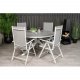 VENTURE DESIGN Gartenset mit Parma-Tisch (140) und 4 Break-Stühlen mit Liegefunktion – weißes Aluminium/graues Textilene