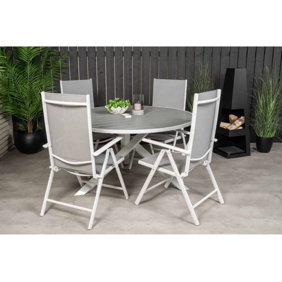 VENTURE DESIGN Gartenset mit Parma-Tisch (140) und 4 Break-Stühlen mit Liegefunktion – weißes Aluminium/graues Textilene