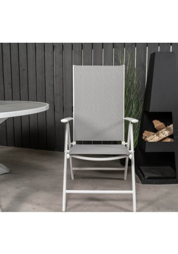 VENTURE DESIGN Gartenset mit Parma-Tisch (140) und 4 Break-Stühlen mit Liegefunktion – weißes Aluminium/graues Textilene