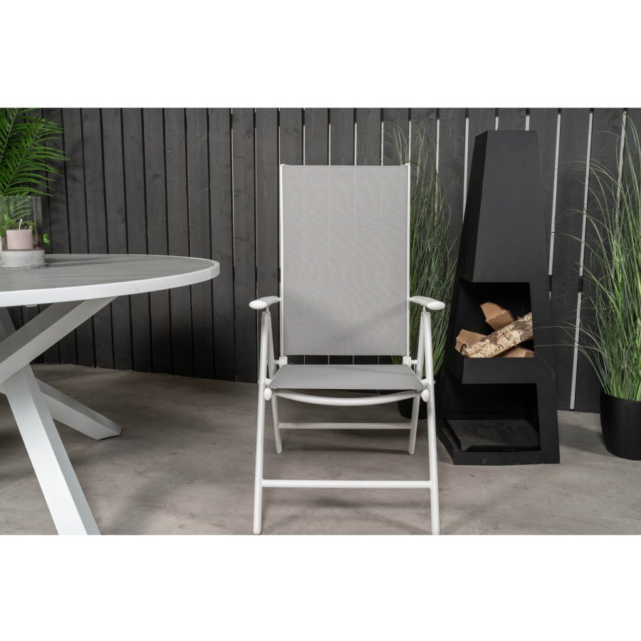 VENTURE DESIGN Gartenset mit Parma-Tisch (140) und 4 Break-Stühlen mit Liegefunktion – weißes Aluminium/graues Textilene