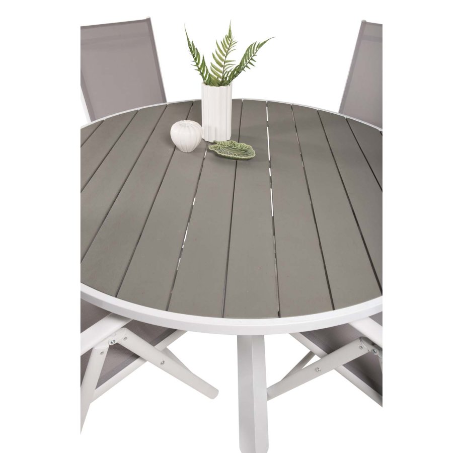 VENTURE DESIGN Gartenset mit Parma-Tisch (140) und 4 Break-Stühlen mit Liegefunktion – weißes Aluminium/graues Textilene