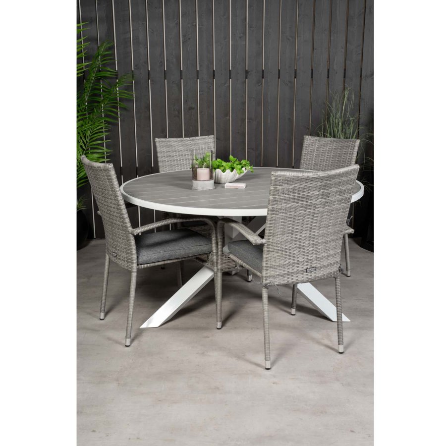 VENTURE DESIGN havest m. Parma bord (140) og 4 Anna stole m. armln - hvid alu/gr rattan/aintwood