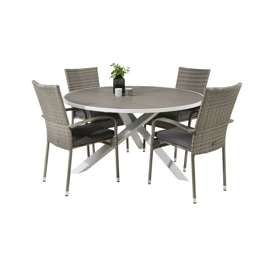 VENTURE DESIGN havest m. Parma bord (140) og 4 Anna stole m. armln - hvid alu/gr rattan/aintwood