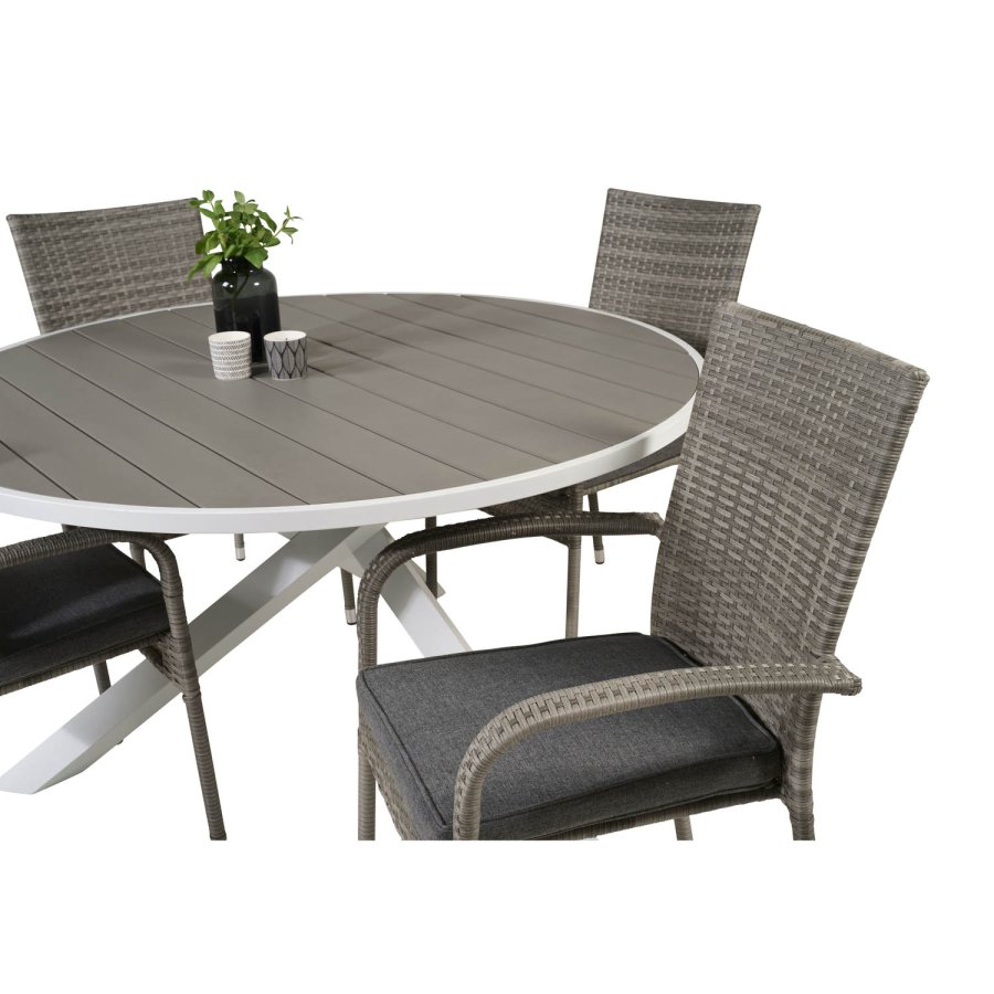 VENTURE DESIGN havest m. Parma bord (140) og 4 Anna stole m. armln - hvid alu/gr rattan/aintwood