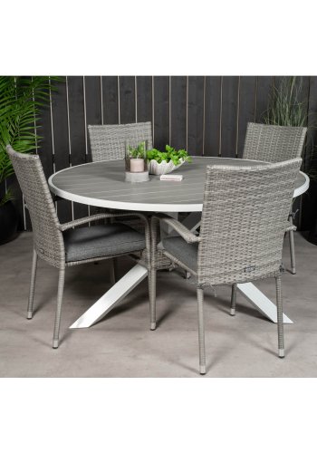 VENTURE DESIGN havest m. Parma bord (140) og 4 Anna stole m. armln - hvid alu/gr rattan/aintwood