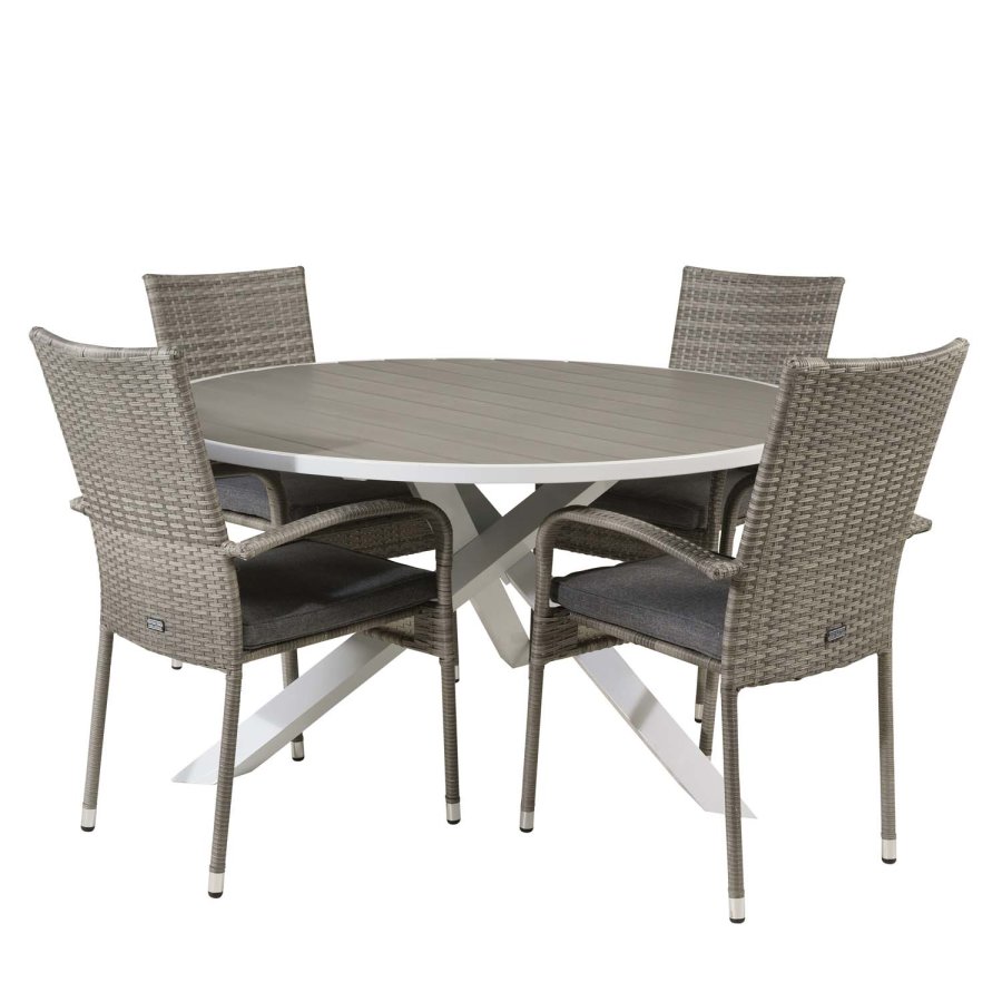 VENTURE DESIGN havest m. Parma bord (140) og 4 Anna stole m. armln - hvid alu/gr rattan/aintwood