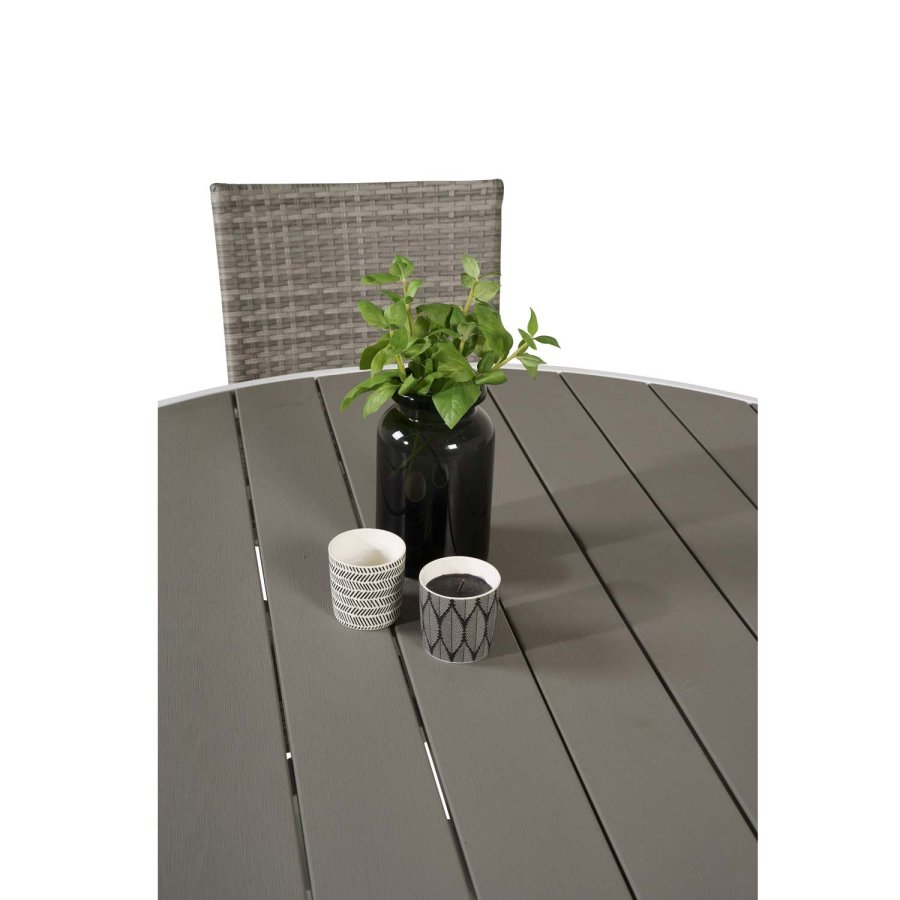 VENTURE DESIGN havest m. Parma bord (140) og 4 Anna stole m. armln - hvid alu/gr rattan/aintwood