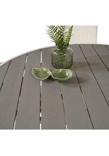 VENTURE DESIGN havest m. Parma bord (140) og 4 Anna stole m. armln - hvid alu/rattan/gr aintwood