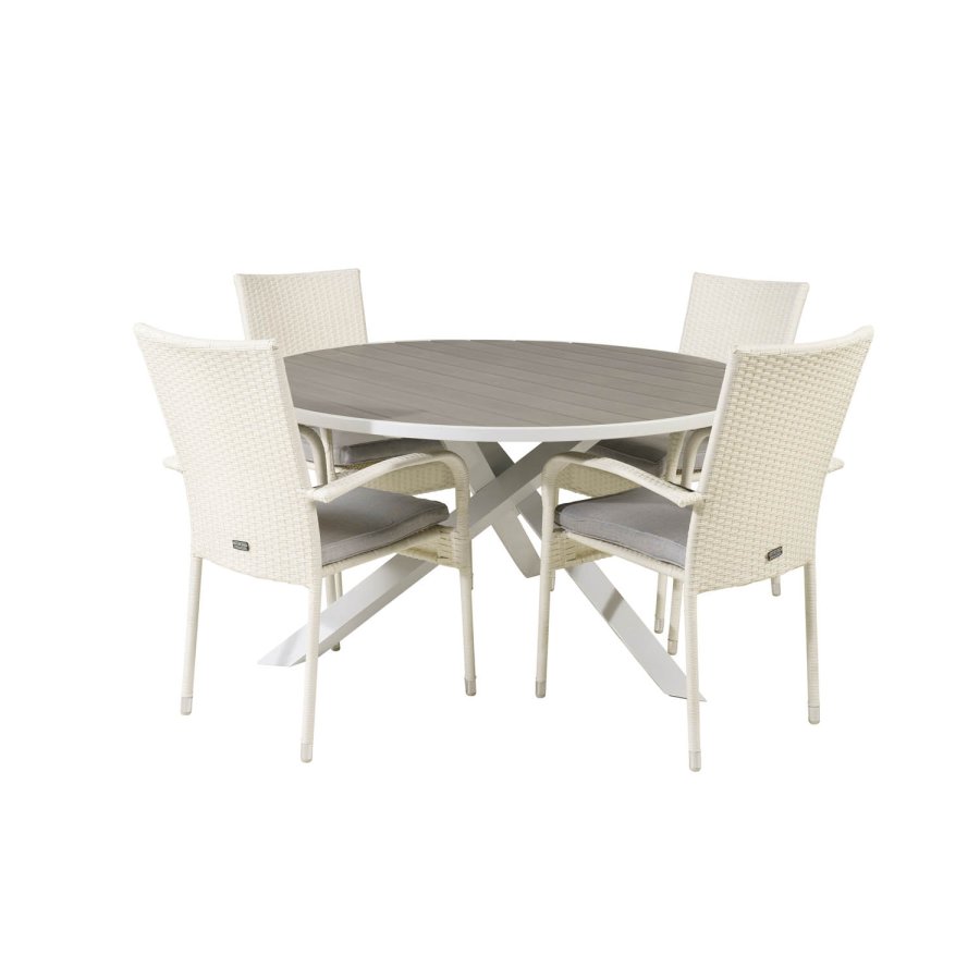 VENTURE DESIGN havest m. Parma bord (140) og 4 Anna stole m. armln - hvid alu/rattan/gr aintwood