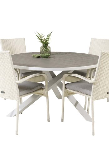 VENTURE DESIGN havest m. Parma bord (140) og 4 Anna stole m. armln - hvid alu/rattan/gr aintwood