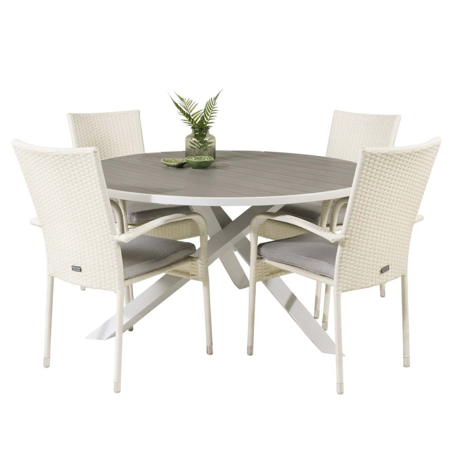 VENTURE DESIGN havest m. Parma bord (140) og 4 Anna stole m. armln - hvid alu/rattan/gr aintwood