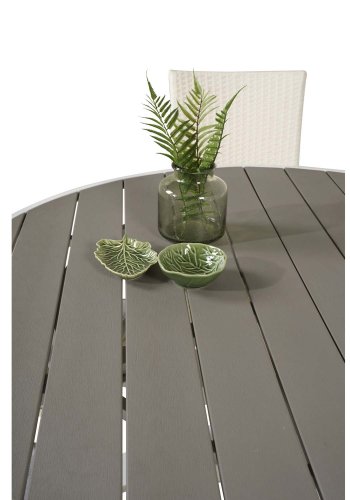 VENTURE DESIGN havest m. Parma bord (140) og 4 Anna stole m. armln - hvid alu/rattan/gr aintwood