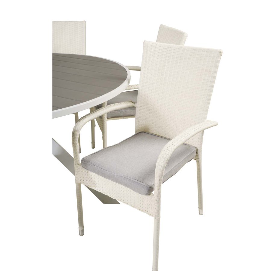 VENTURE DESIGN havest m. Parma bord (140) og 4 Anna stole m. armln - hvid alu/rattan/gr aintwood