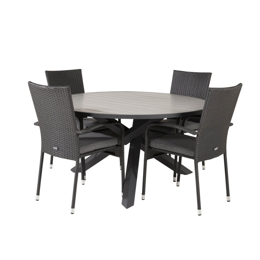 VENTURE DESIGN havest m. Parma bord (140) og 4 Anna stole m. armln - sort alu/rattan/gr aintwood