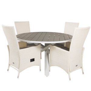 VENTURE DESIGN havest m. Parma bord (140) og 4 Padova stole m recliner - hvid rattan/gr aintwood